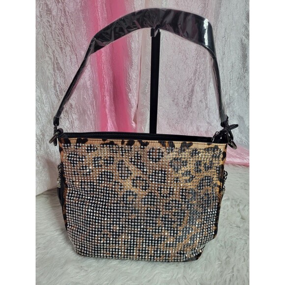 Stunning Rhinestone Embellished Leopard Black Handbag Hobo Purse 11x8x4 - Picture 2 of 8